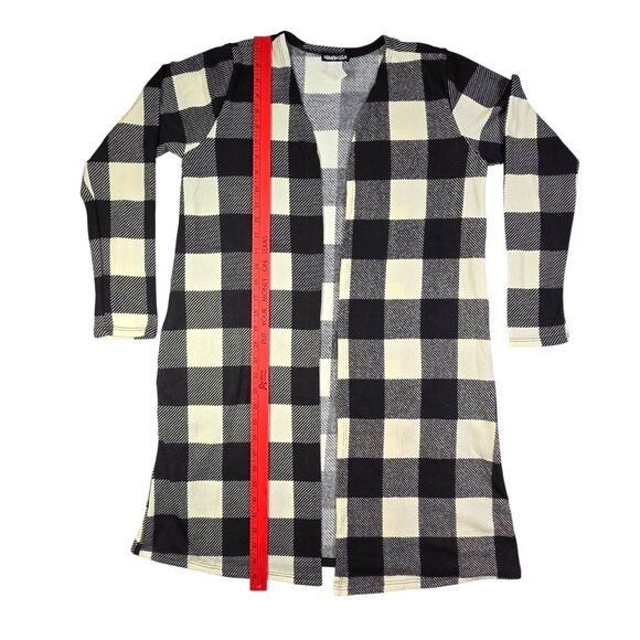 Heimish USA Open Longline Cardigan Black White Buffalo Plaid Pockets Womens Med - Picture 7 of 9
